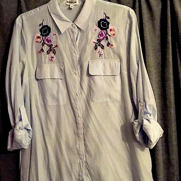 Express The City Striped Floral Embroidered Button Down Shirt - Picture 5 of 16
